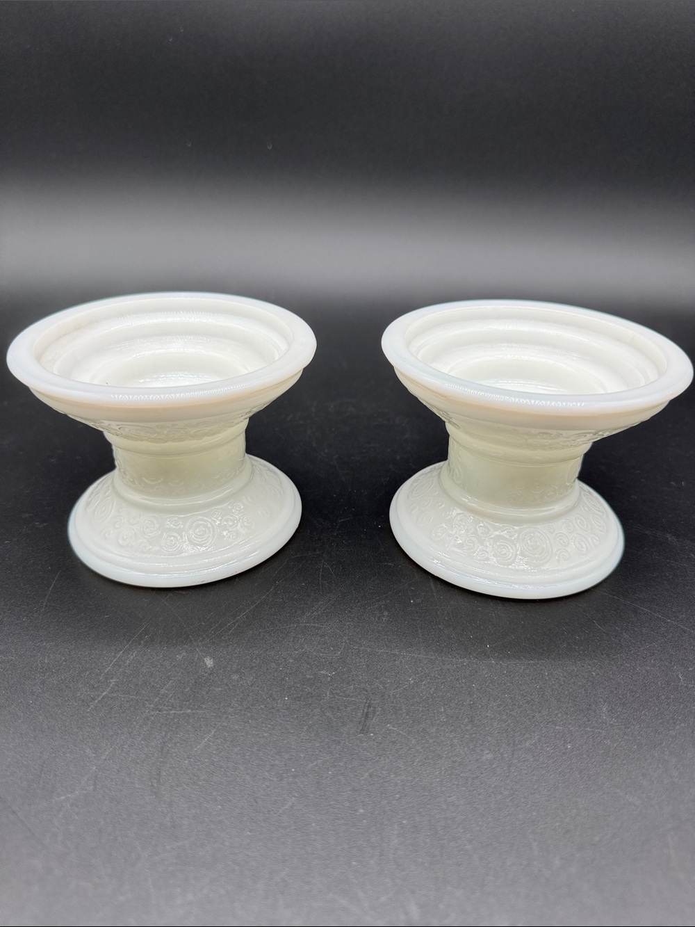 Vintage Milk Glass Pillar Taper Candle Holder Pair EUC